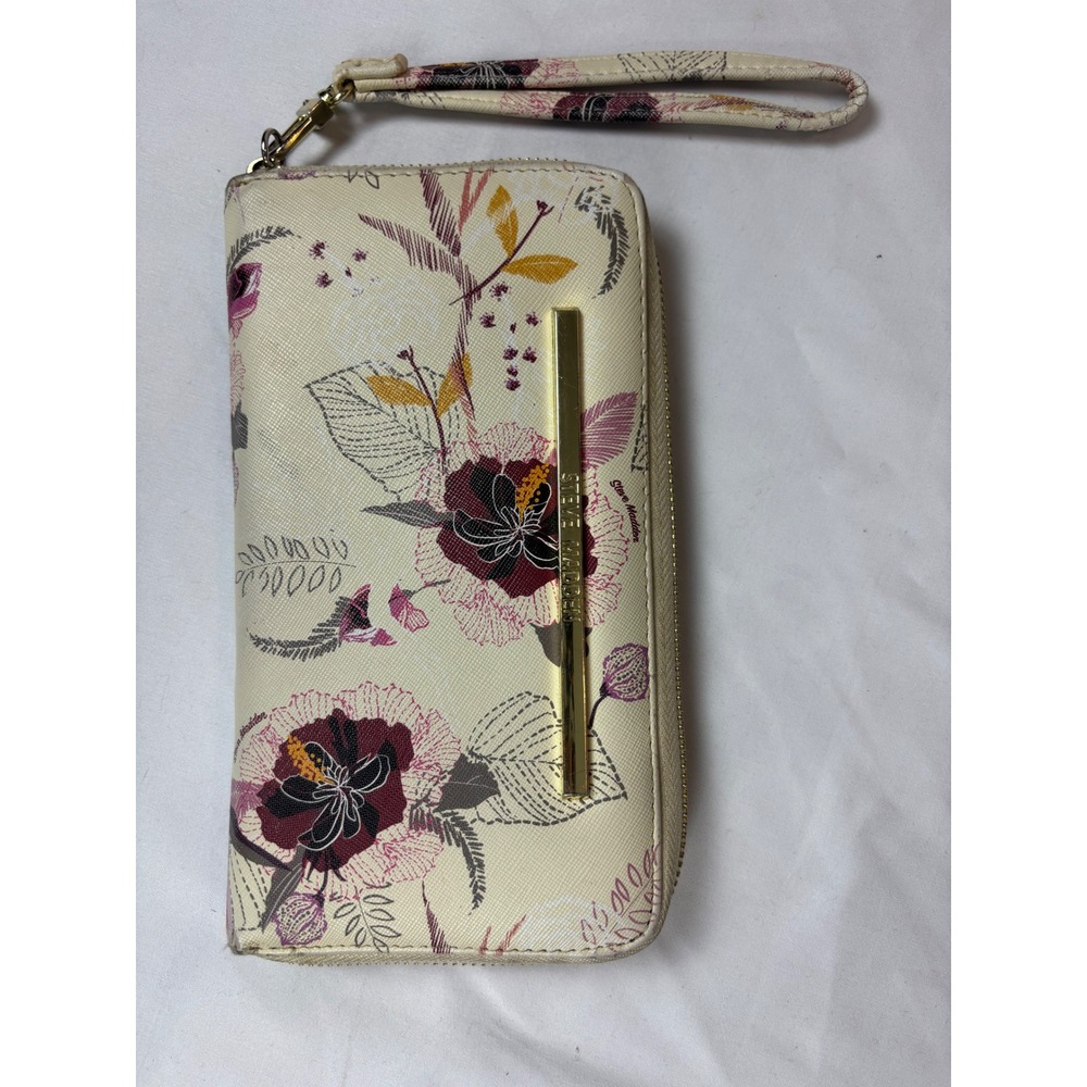 Steve Madden Floral Hibiscus Zip Around Wristlet Wallet Cream Gold Logo Bar
